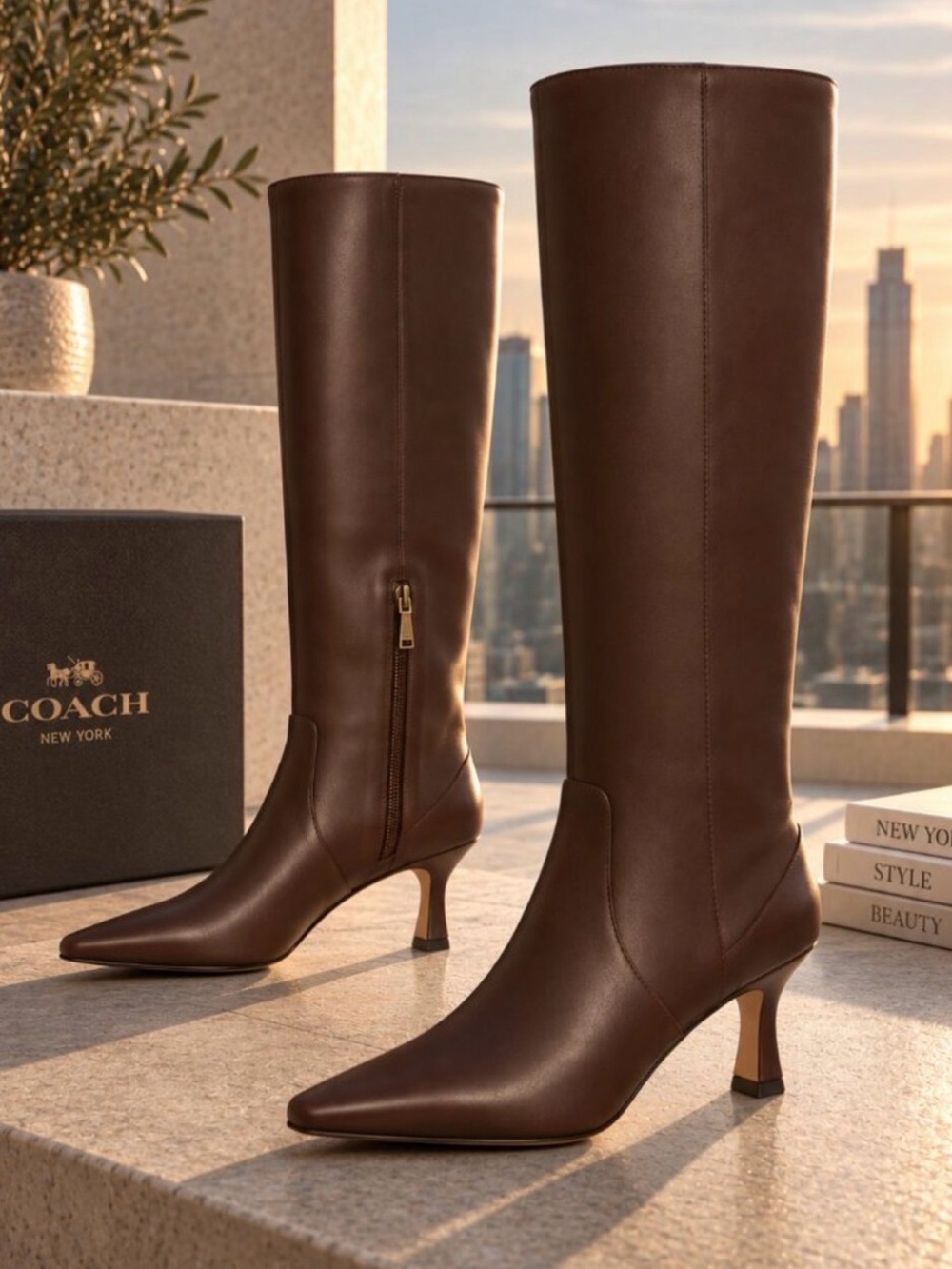 Coach Sculpted C Kitten Heel Knee High Leather Boots Maple Brown - Size 5B